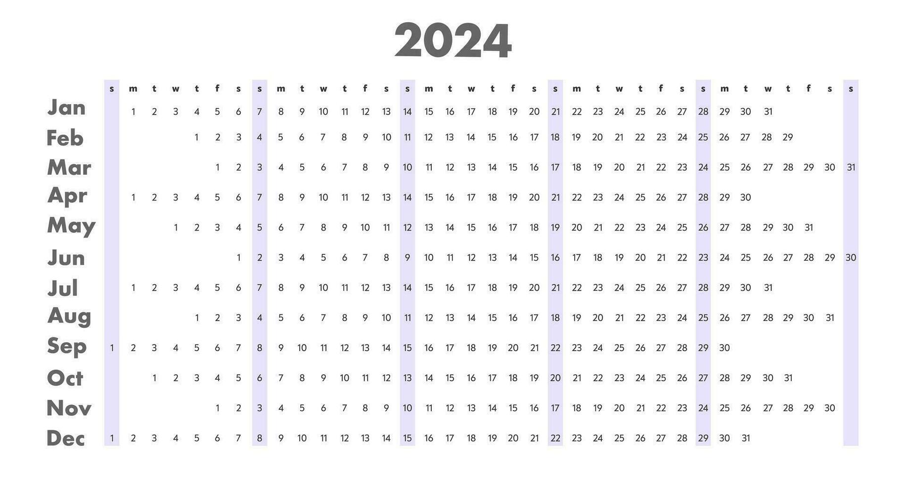 Monthly calendar 2024 template. Week strat on Sunday vector