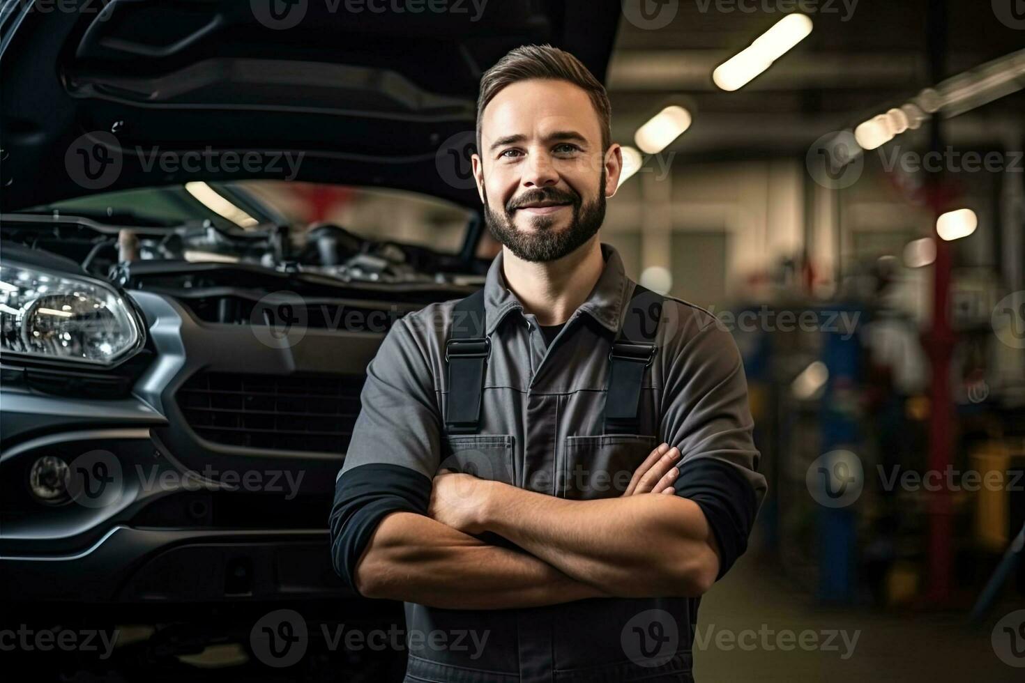 Car mechanic working in auto repair shop. Handsome young man in uniform working with car engine. Generative AI photo
