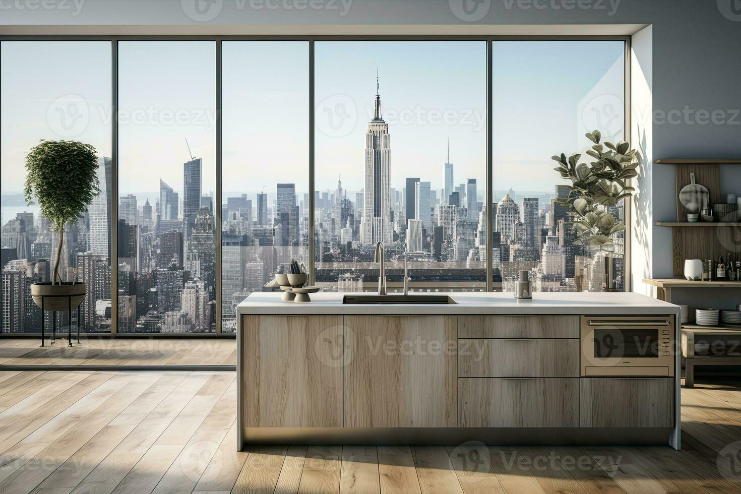 Luxury kitchen interior with white marble countertop, sink and window with panoramic view. Generative AI photo