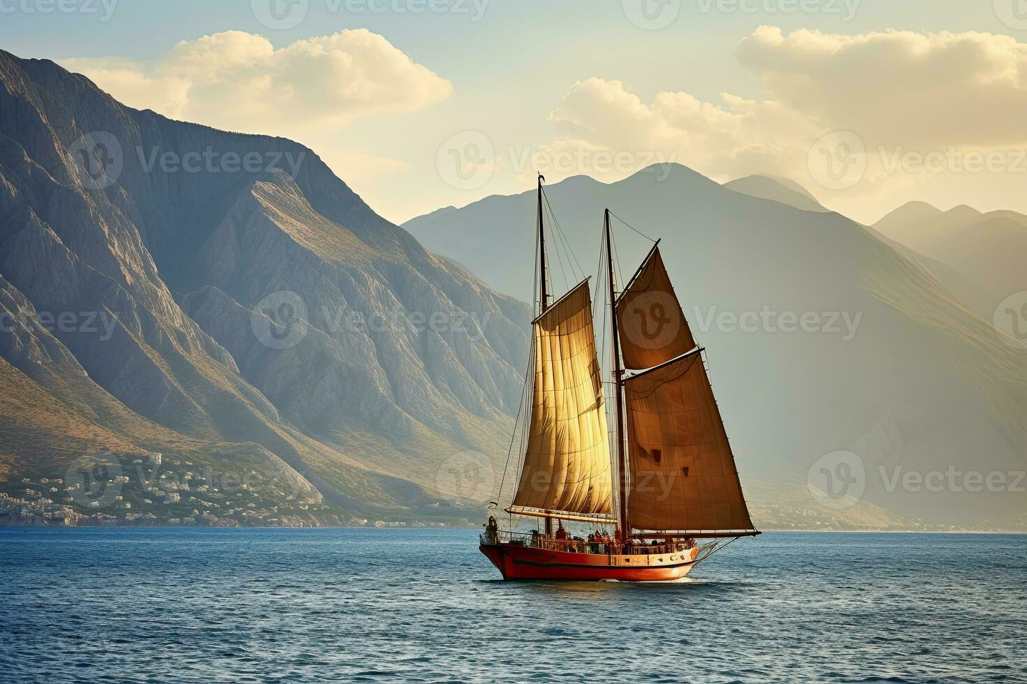 Sailing boat on the sea against the background of the mountains photo