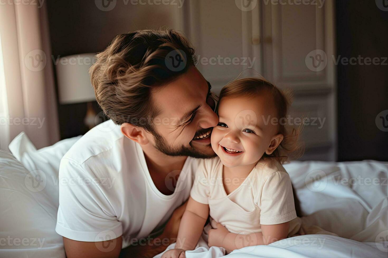 Smiling and happy father and daughter spending the weekend in a warm home. Generative AI photo