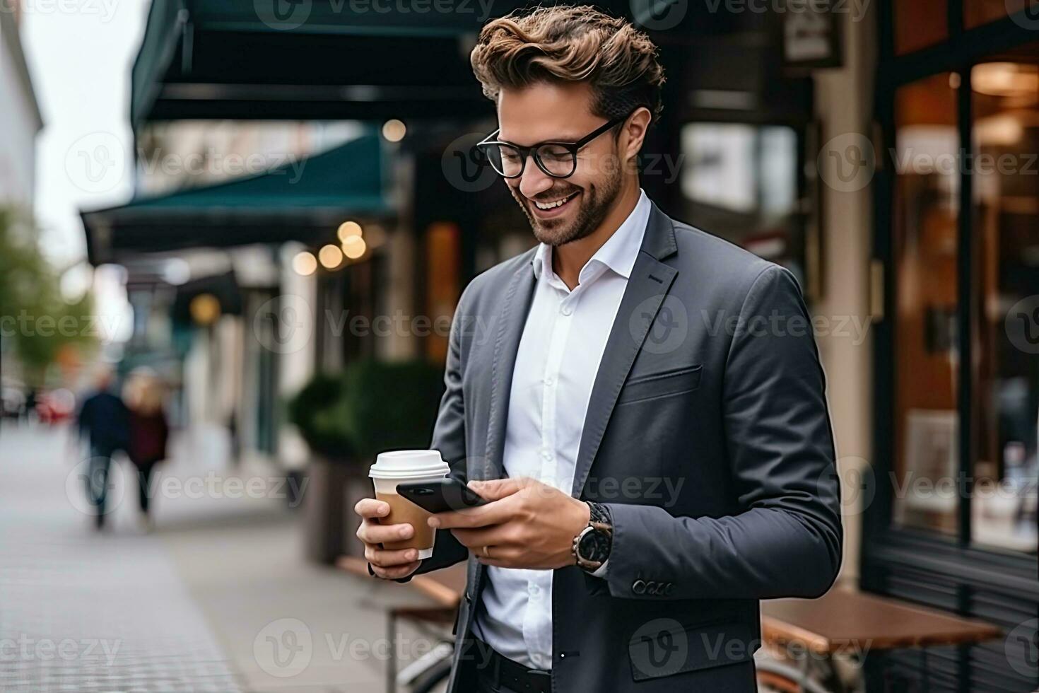 Handsome businessman using smartphone and holding coffee cup while in the city. Generative AI photo