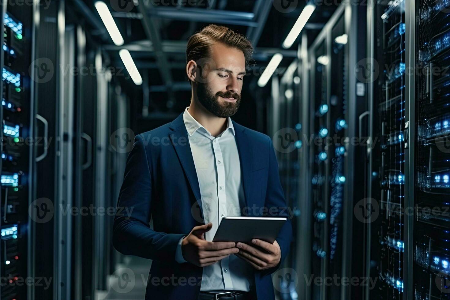 Handsome young businessman using digital tablet while standing in server room.  Generative AI photo