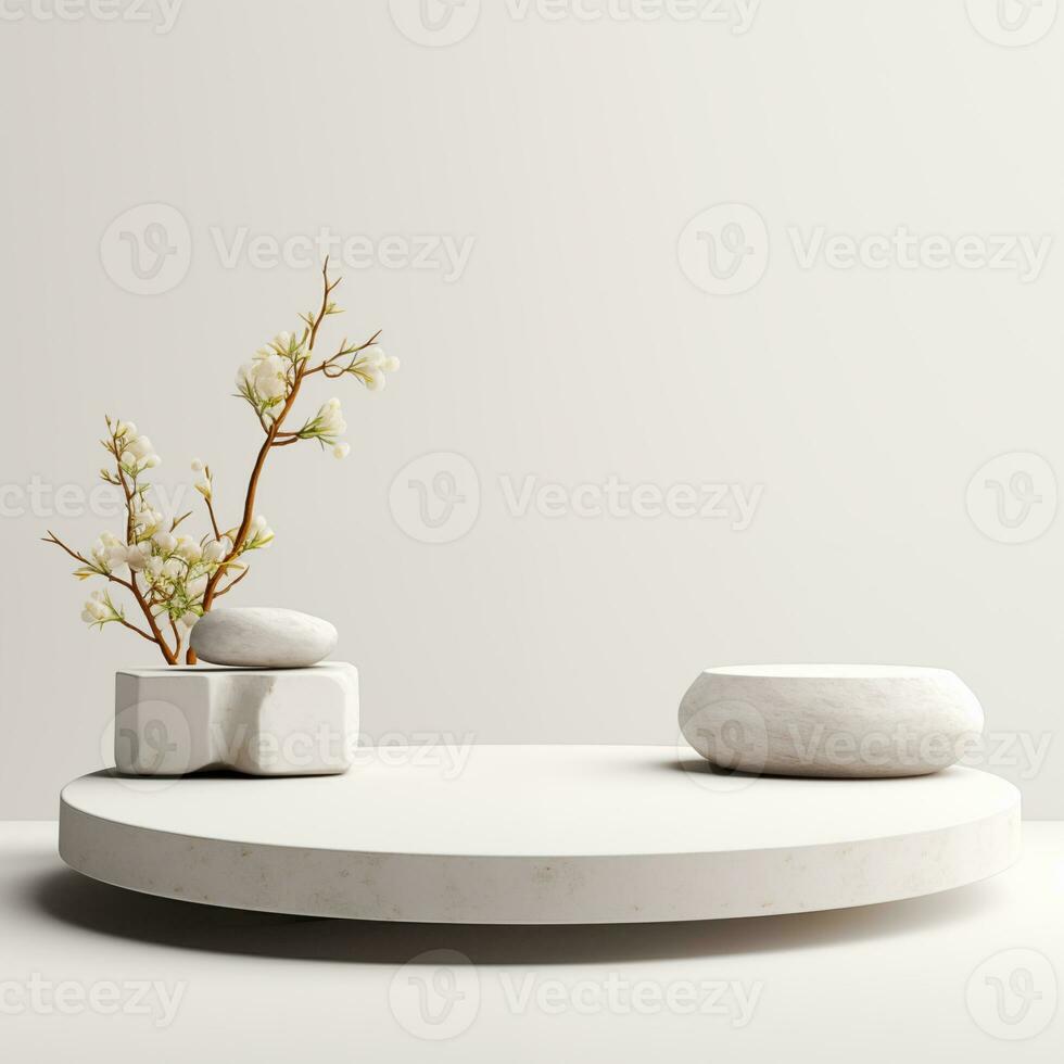 Minimalistic white stone podium stage for product presentation. Empty space for display photo