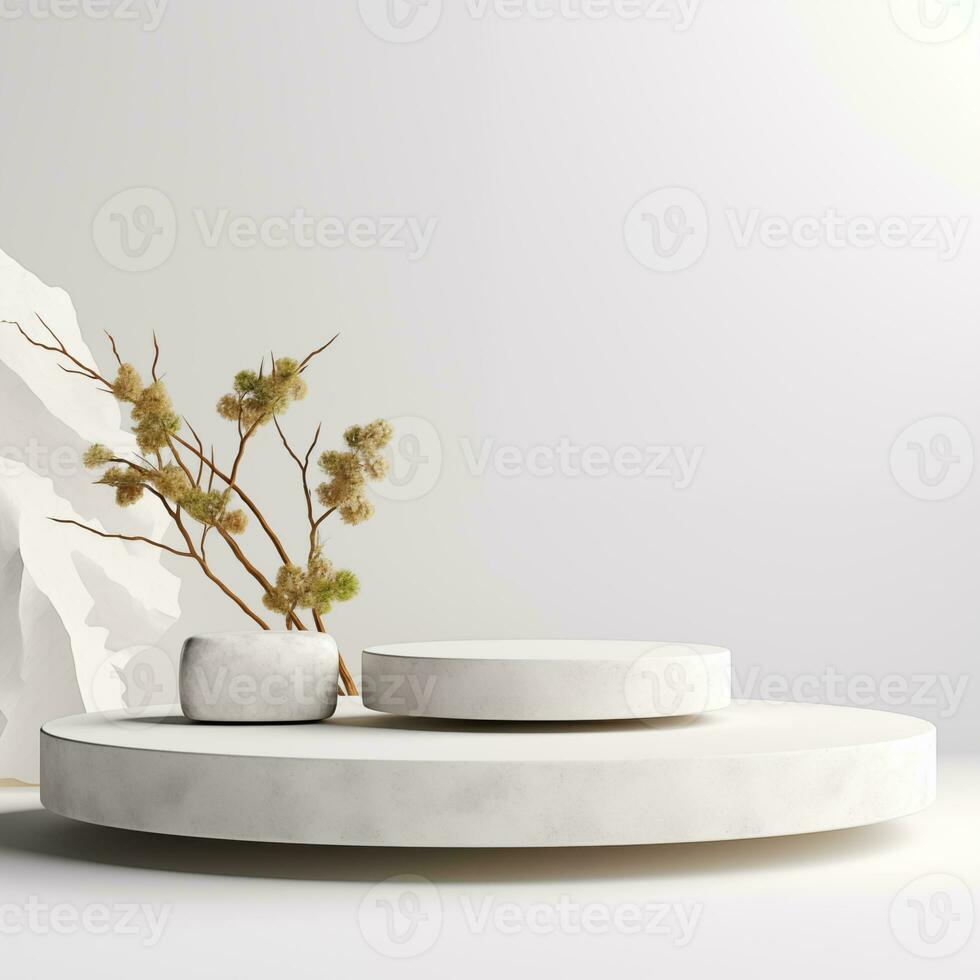 Minimalistic white stone podium stage for product presentation. Empty space for display photo