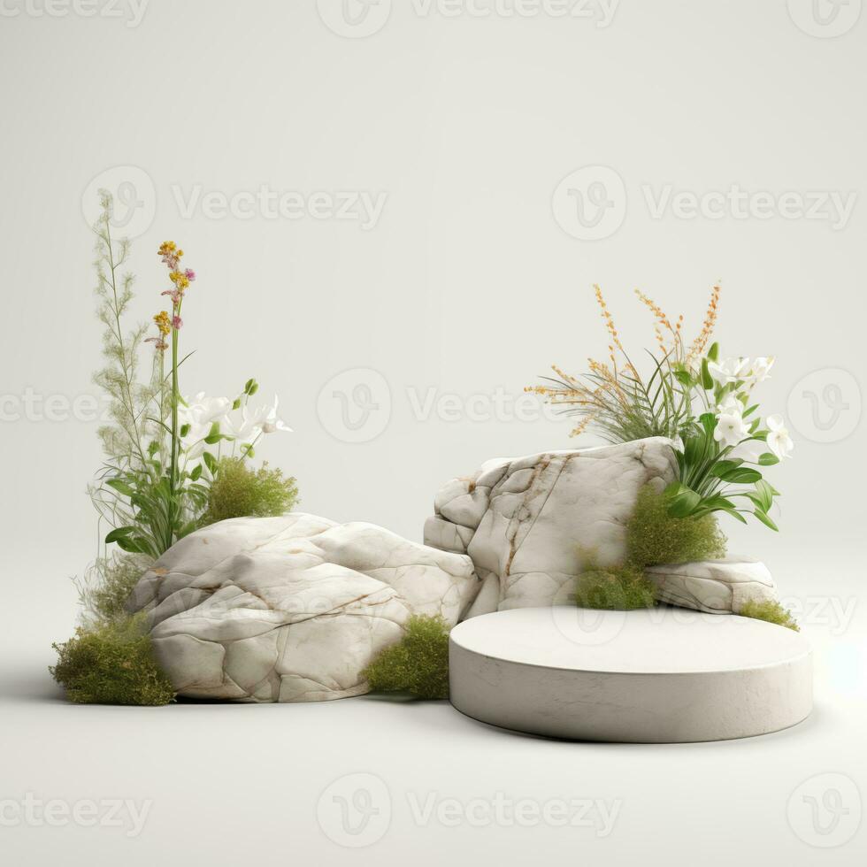 Minimalistic white stone podium stage for product presentation. Empty space for display photo