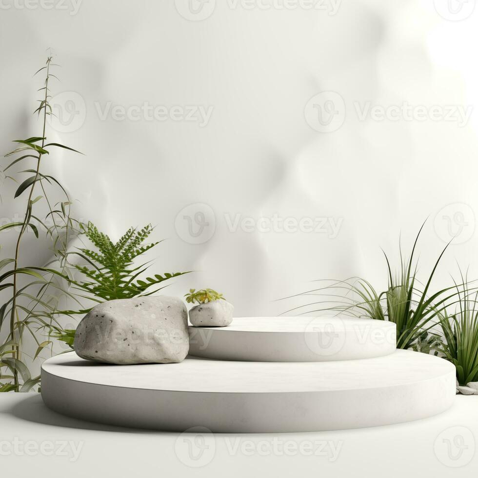 Minimalistic white stone podium stage for product presentation. Empty space for display photo