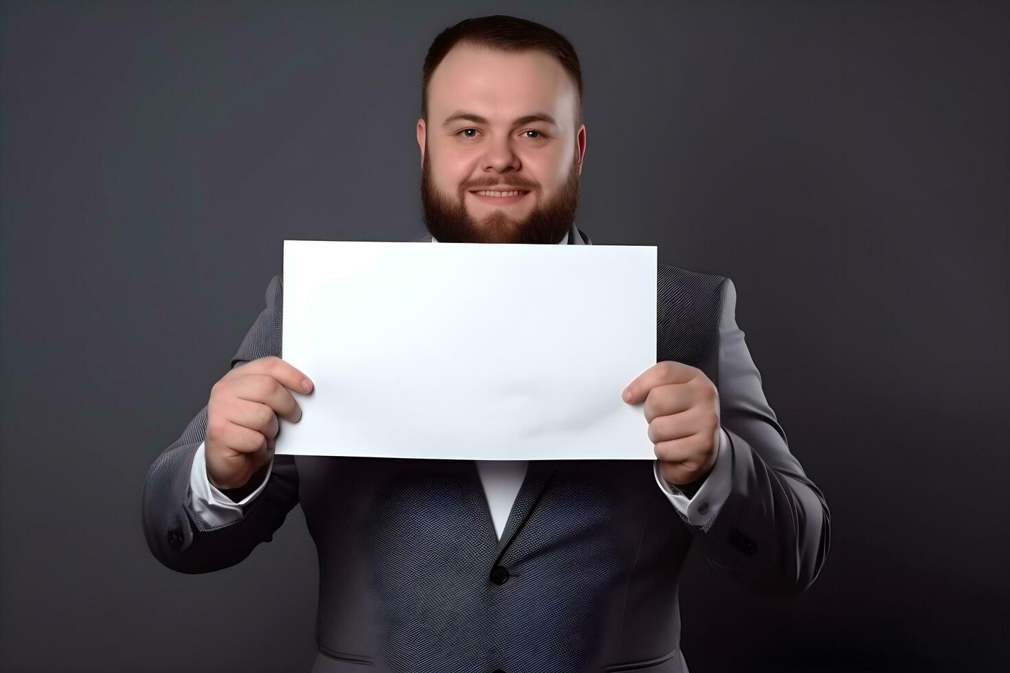 un talla extra negocio gerente o CEO en un traje participación arriba un blanco papel. ai generativo foto