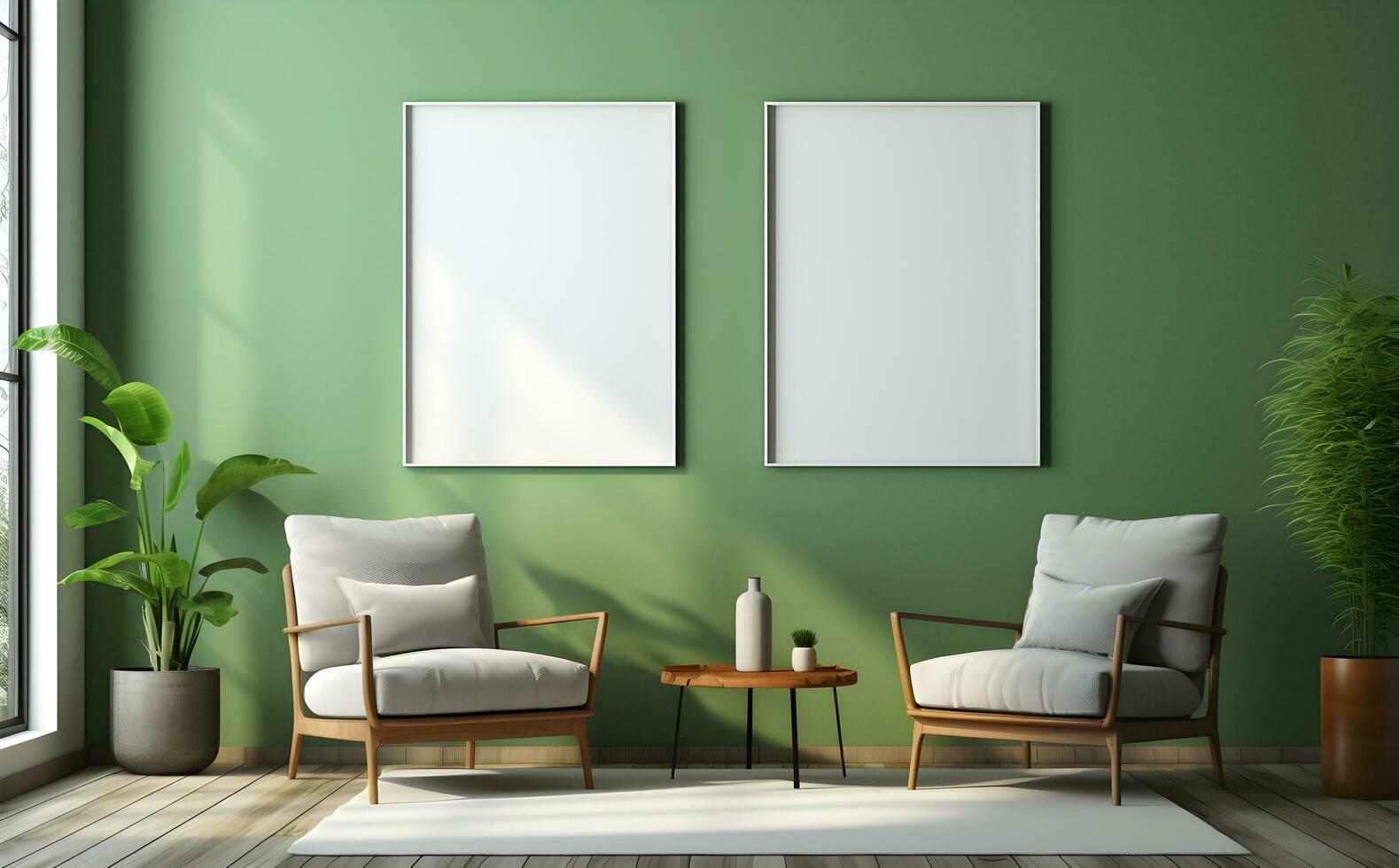 Poster frame mockup in dark green living room interior, 3d render. ai generative photo