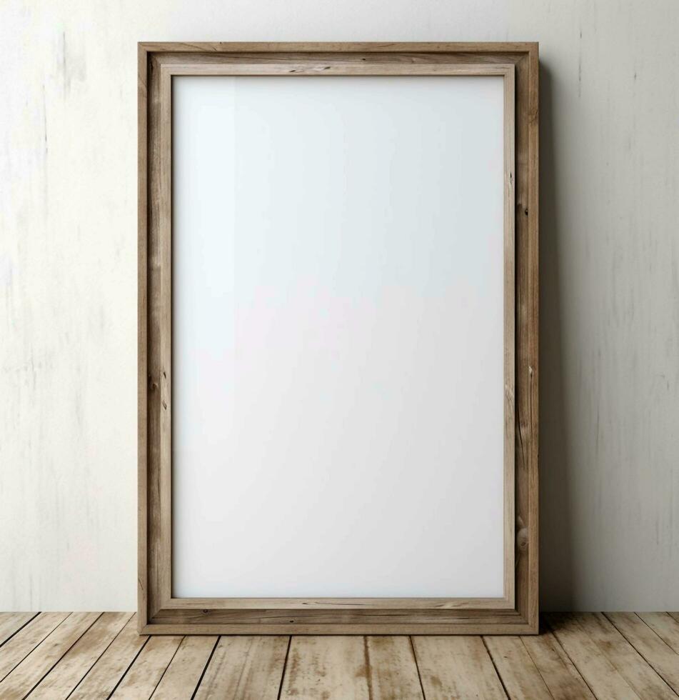 Old wooden frame mockup close up on white wall, 3d render. AI Generative photo