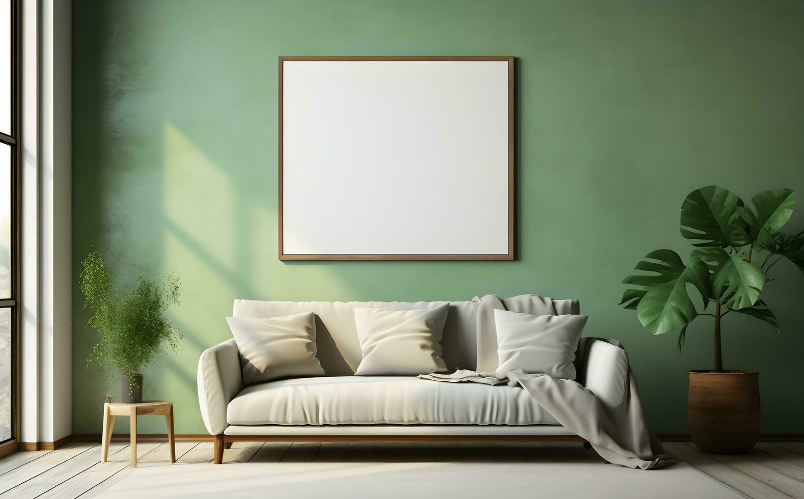 Poster frame mockup in dark green living room interior, 3d render. ai generative photo