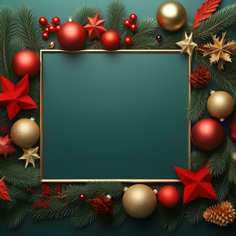 christmas frame with red and gold decorations on a green background. generative ai photo