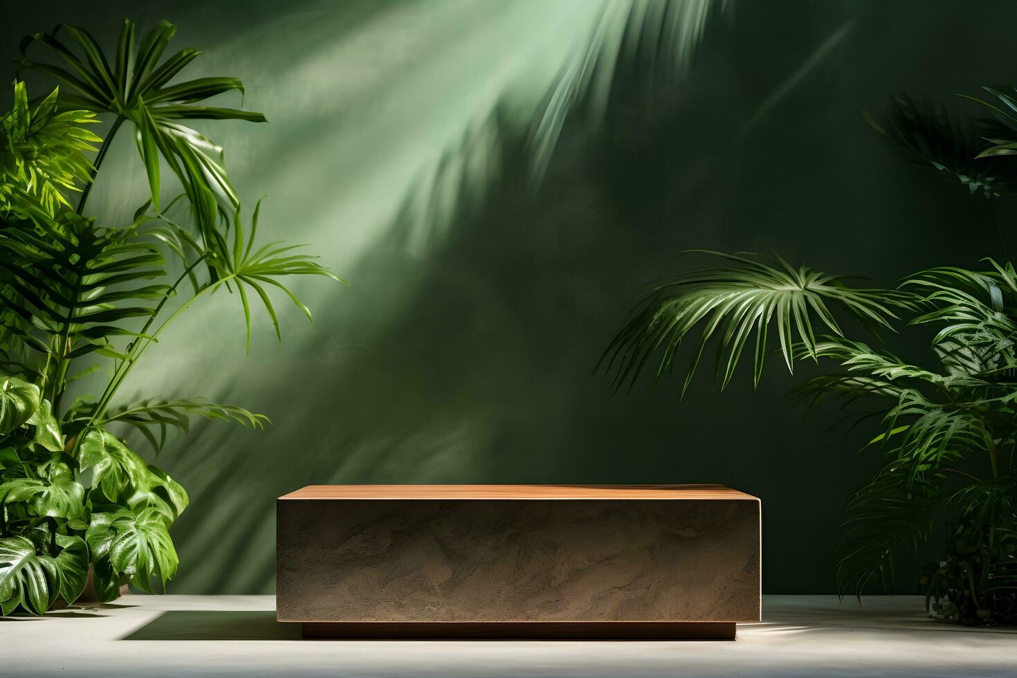 a wooden podium sitting in front of a green wall. ai generative photo