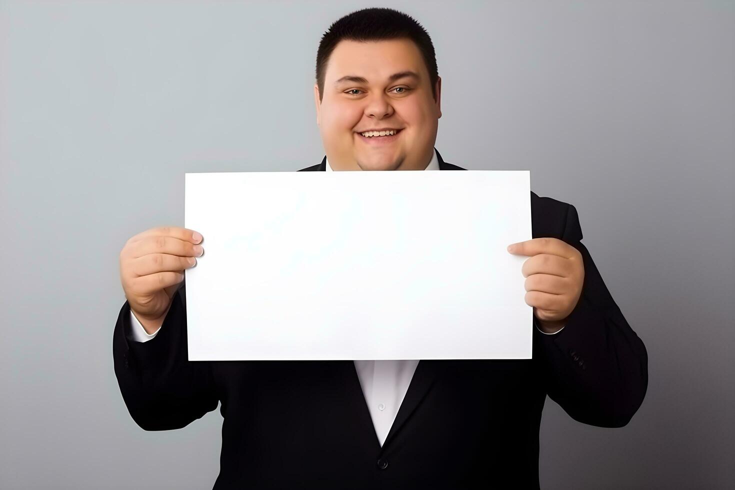 a plussize business manager or ceo  in a suit holding up a blank paper. ai generative photo