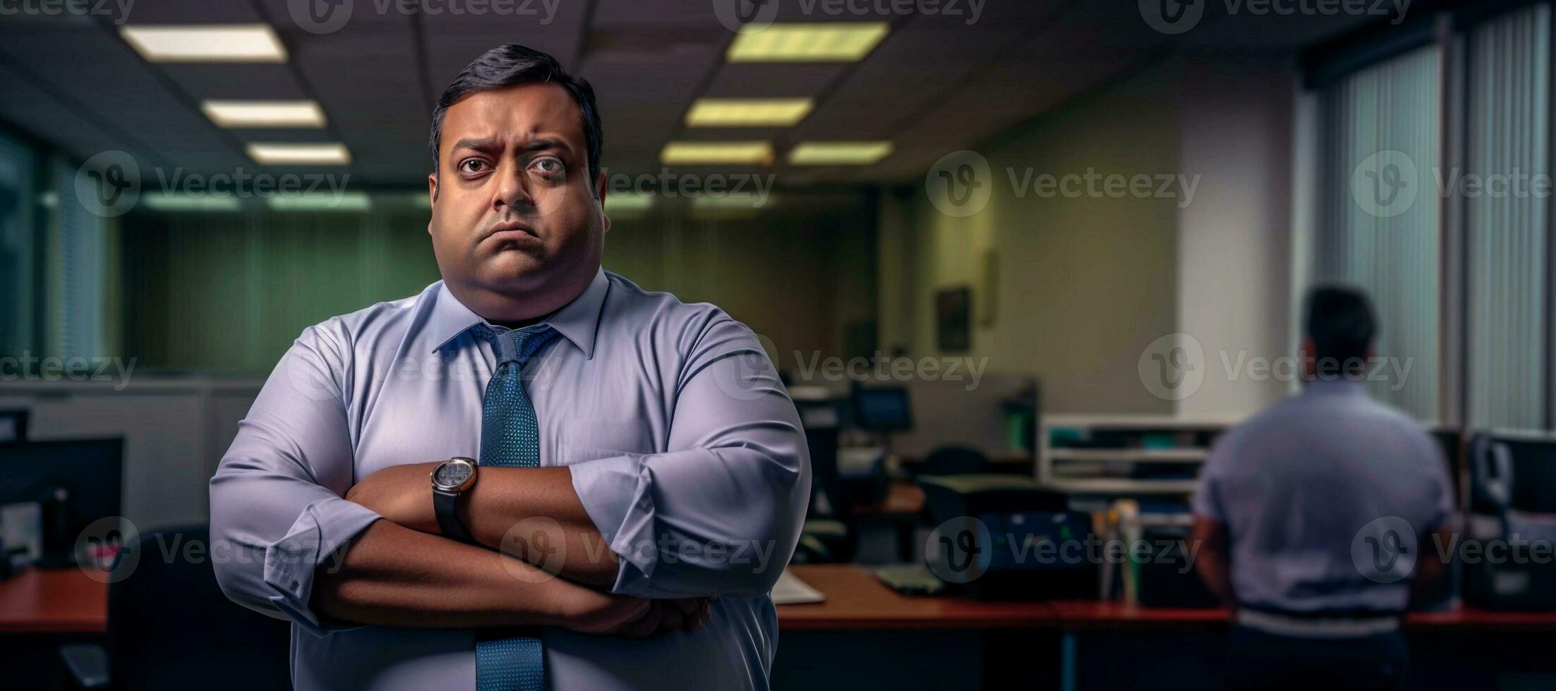 a plussize businessman in a shirt and tie standing in an office. AI Generative photo