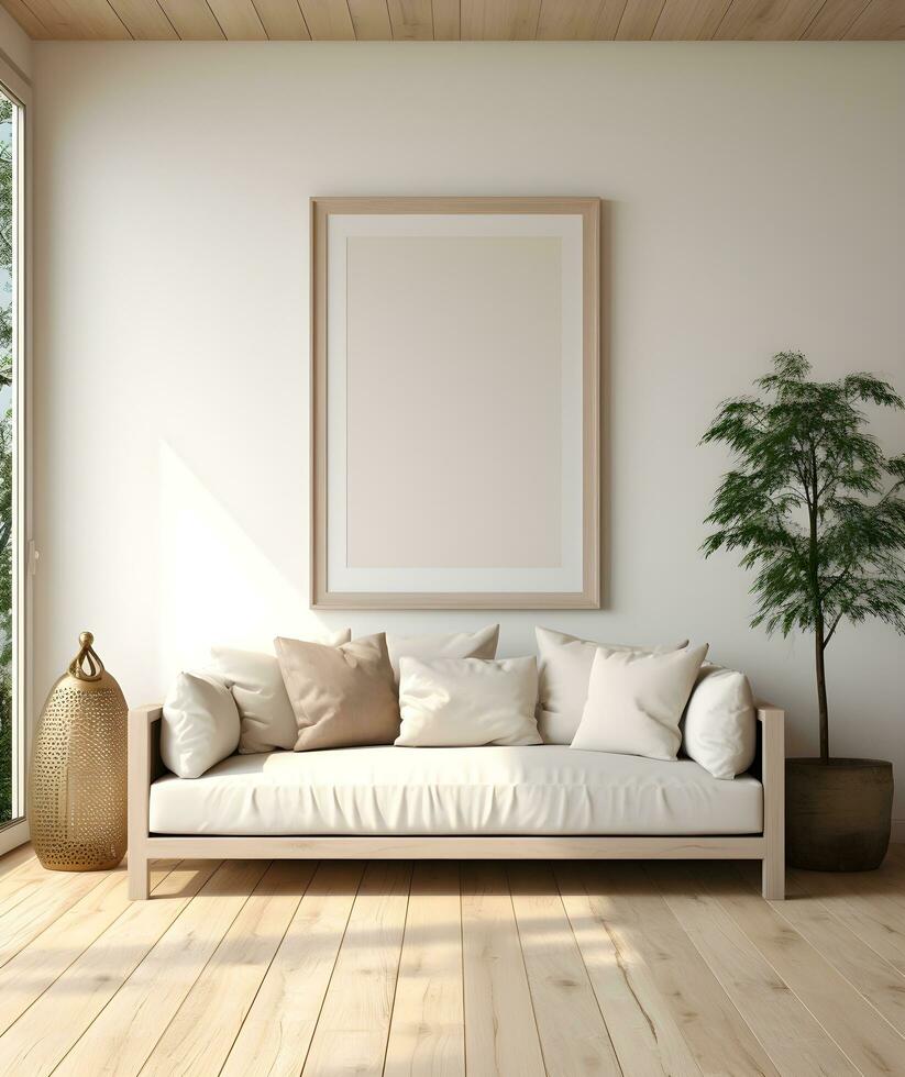 Frame mockup in minimalist decorated interior background, 3d render. ai generative photo