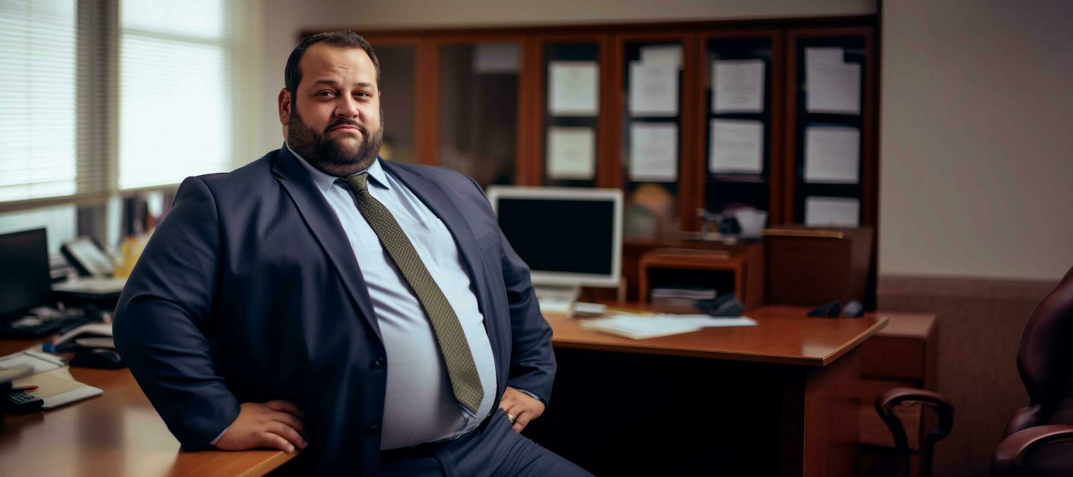 a plussize business manager or ceo in a suit and tie standing in an office. AI Generative photo