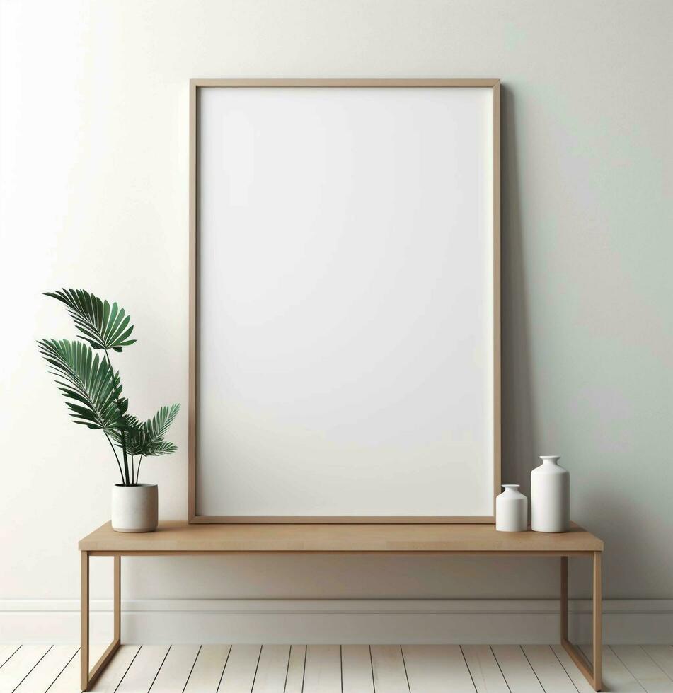 Old wooden frame mockup close up on white wall, 3d render.AI Generative photo