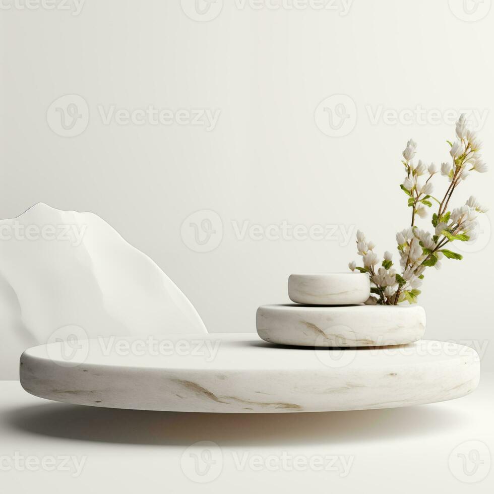 Minimalistic white stone podium stage for product presentation. Empty space for display photo