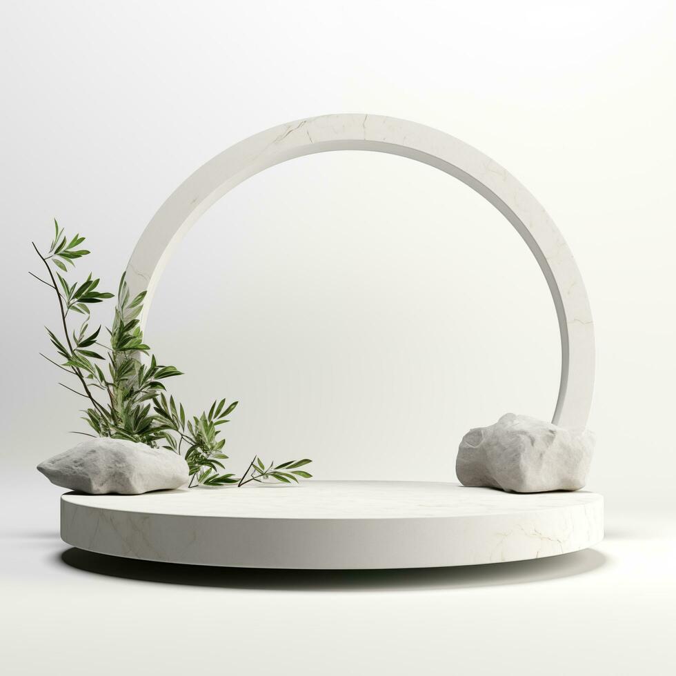 Minimalistic white stone podium stage for product presentation. Empty space for display photo