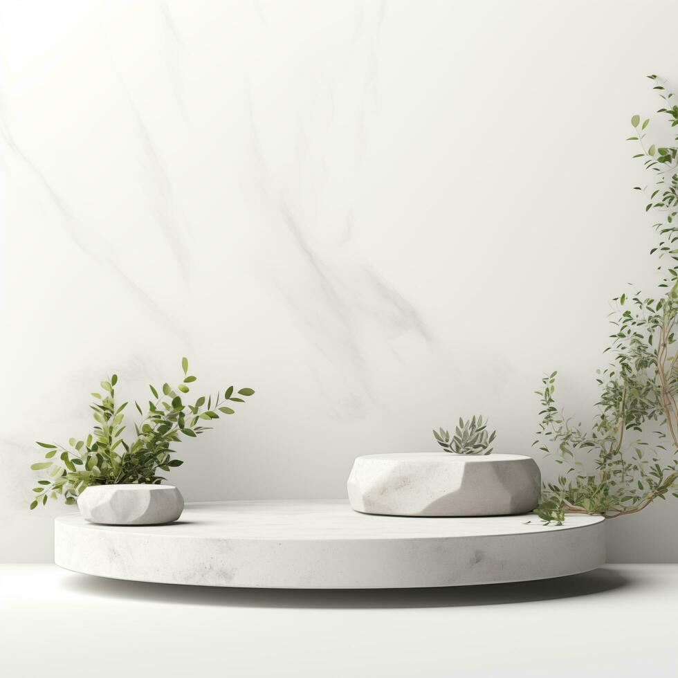 Minimalistic white stone podium stage for product presentation. Empty space for display photo