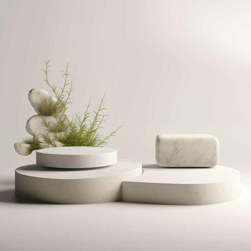 Minimalistic white stone podium stage for product presentation. Empty space for display photo