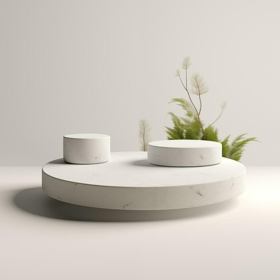 Minimalistic white stone podium stage for product presentation. Empty space for display photo