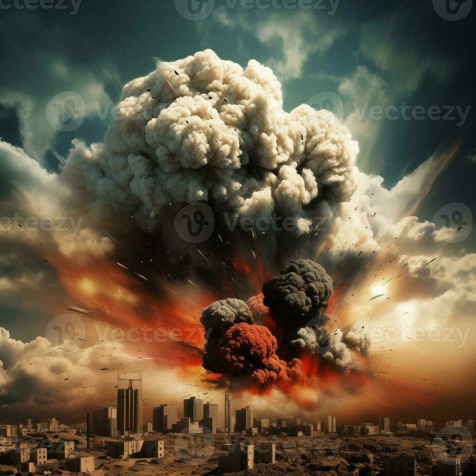 Image of bomb explosion, destruction, war. Poster on topic of
