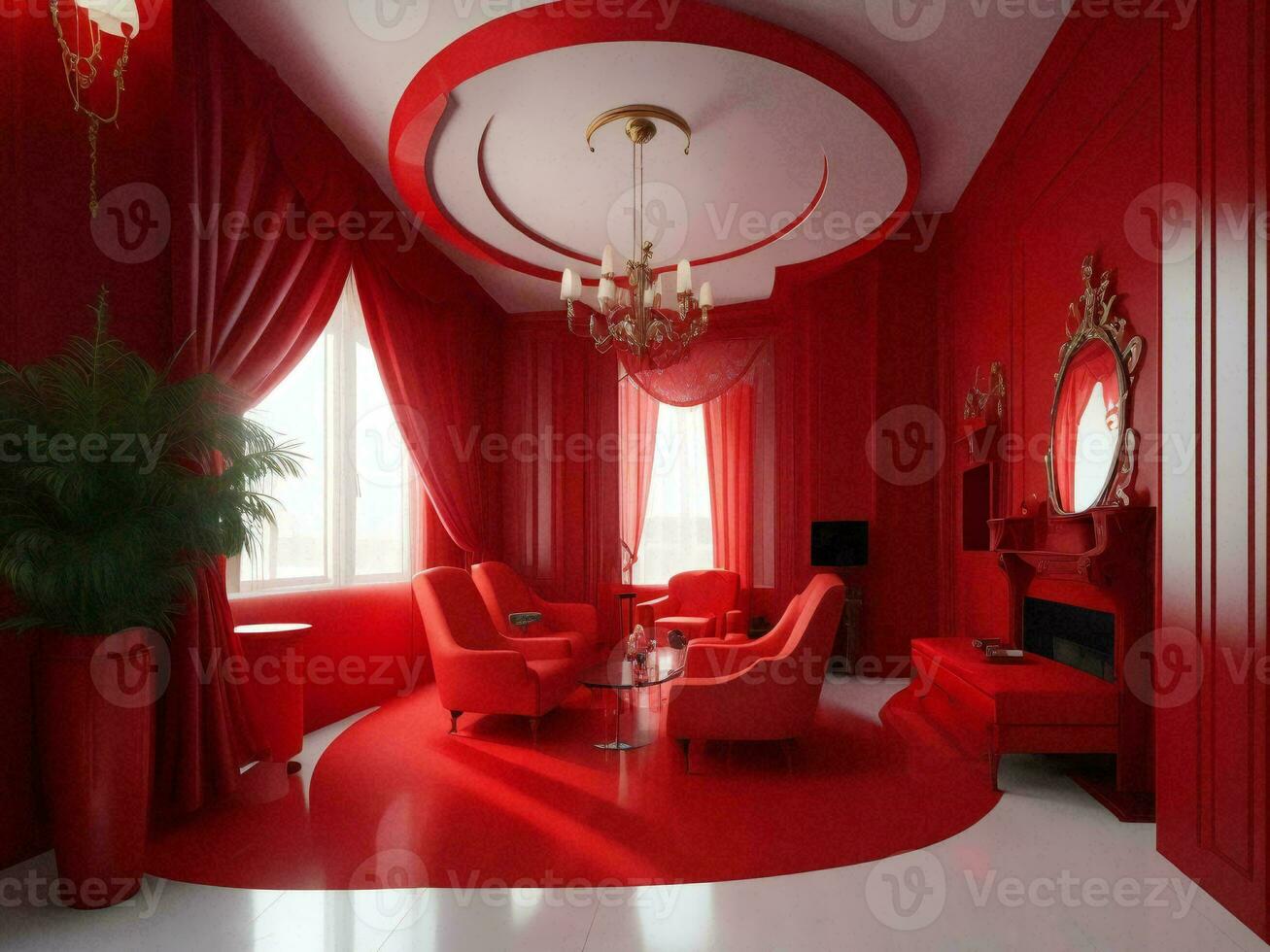 Luxury living room interior red and white concept with sofa - AI Generative photo
