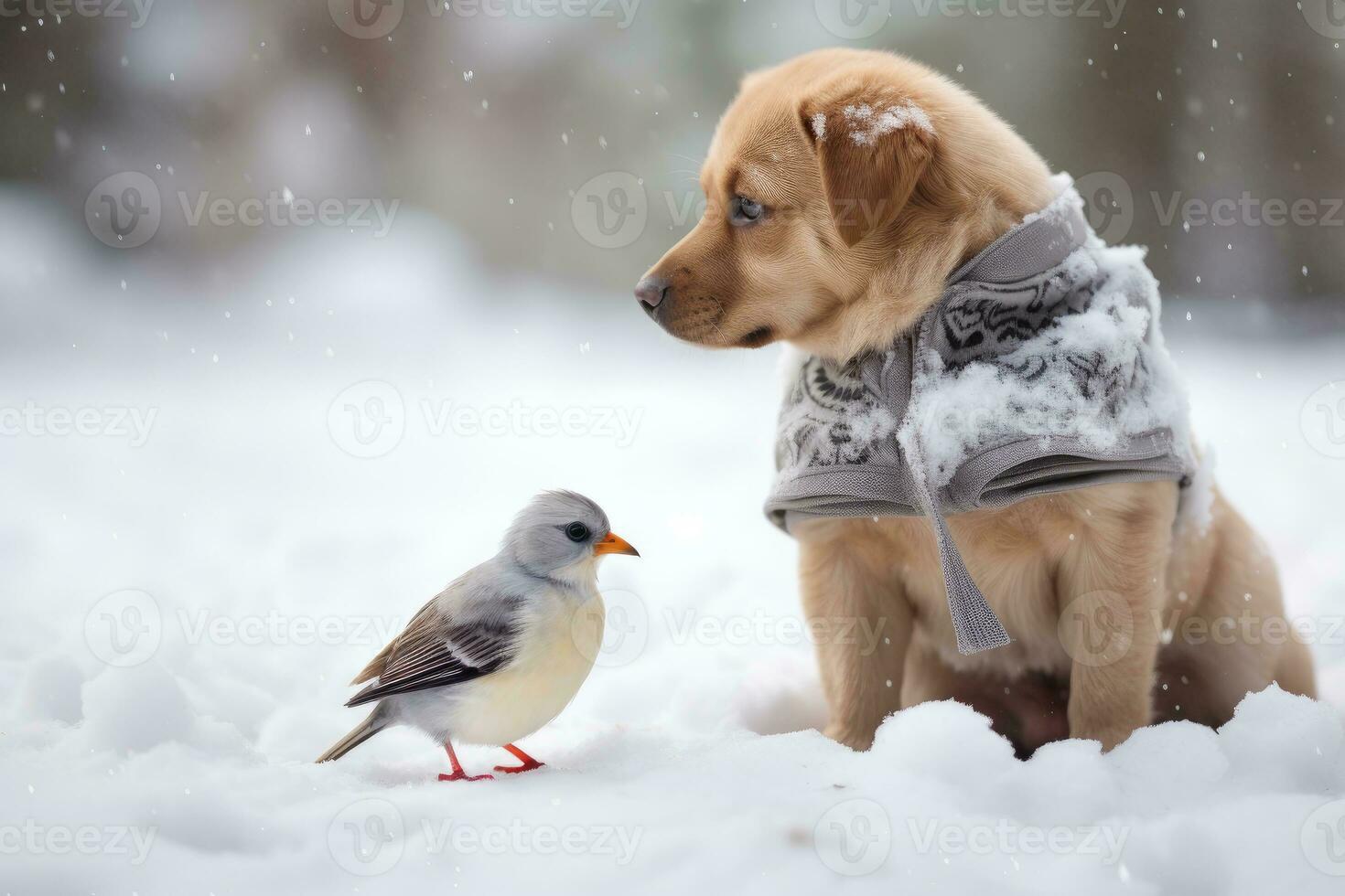 Ai generated puppy and bird friends in cold weather sitting on snow in snowy forest. A little dog and a birdie dressed in warm clothes play in the winter season. photo