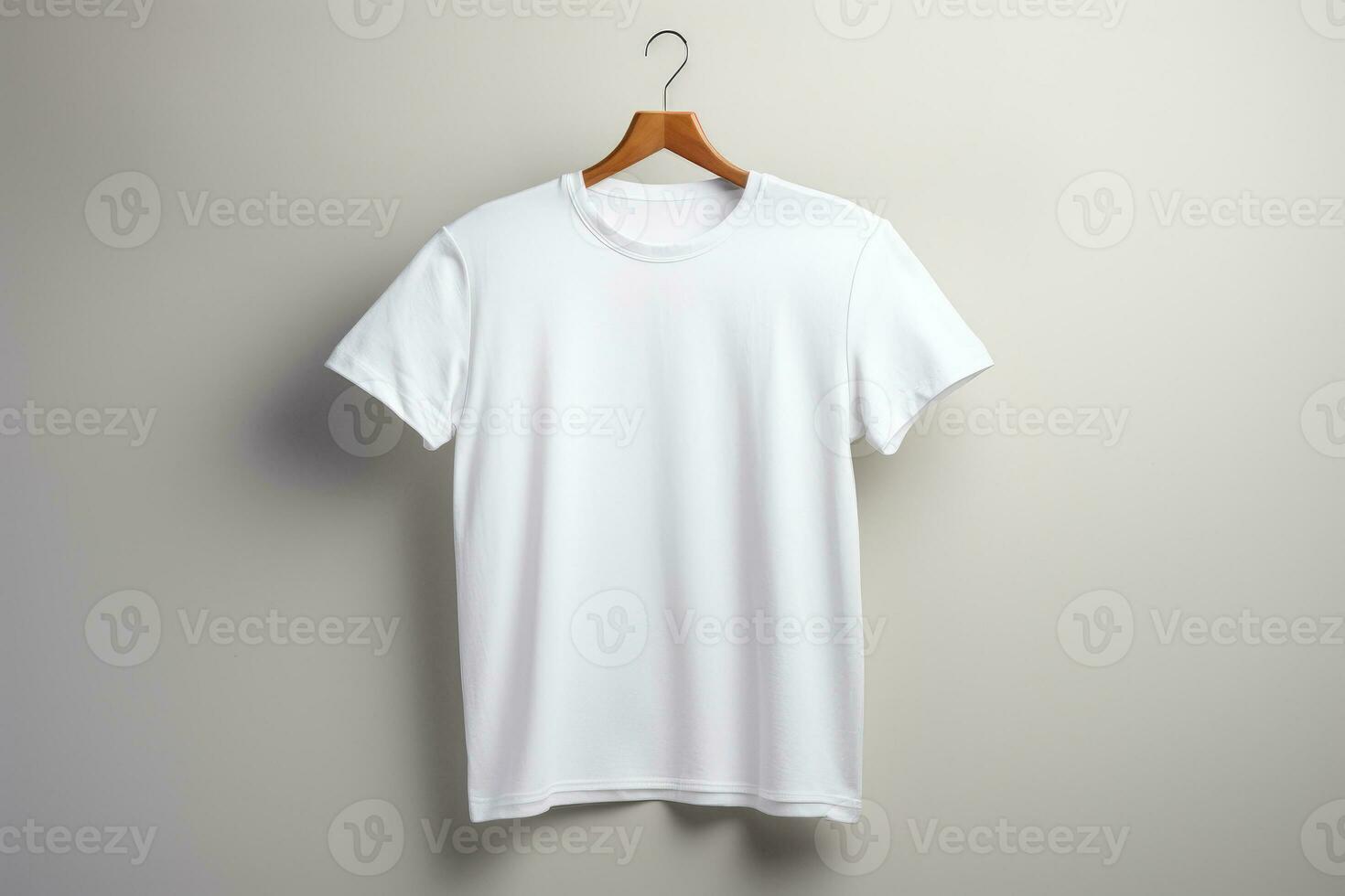 Ai generated white men's t-shirt mockup template hanging on a hanger on a light neutral background suitable for designers and print shopes. photo