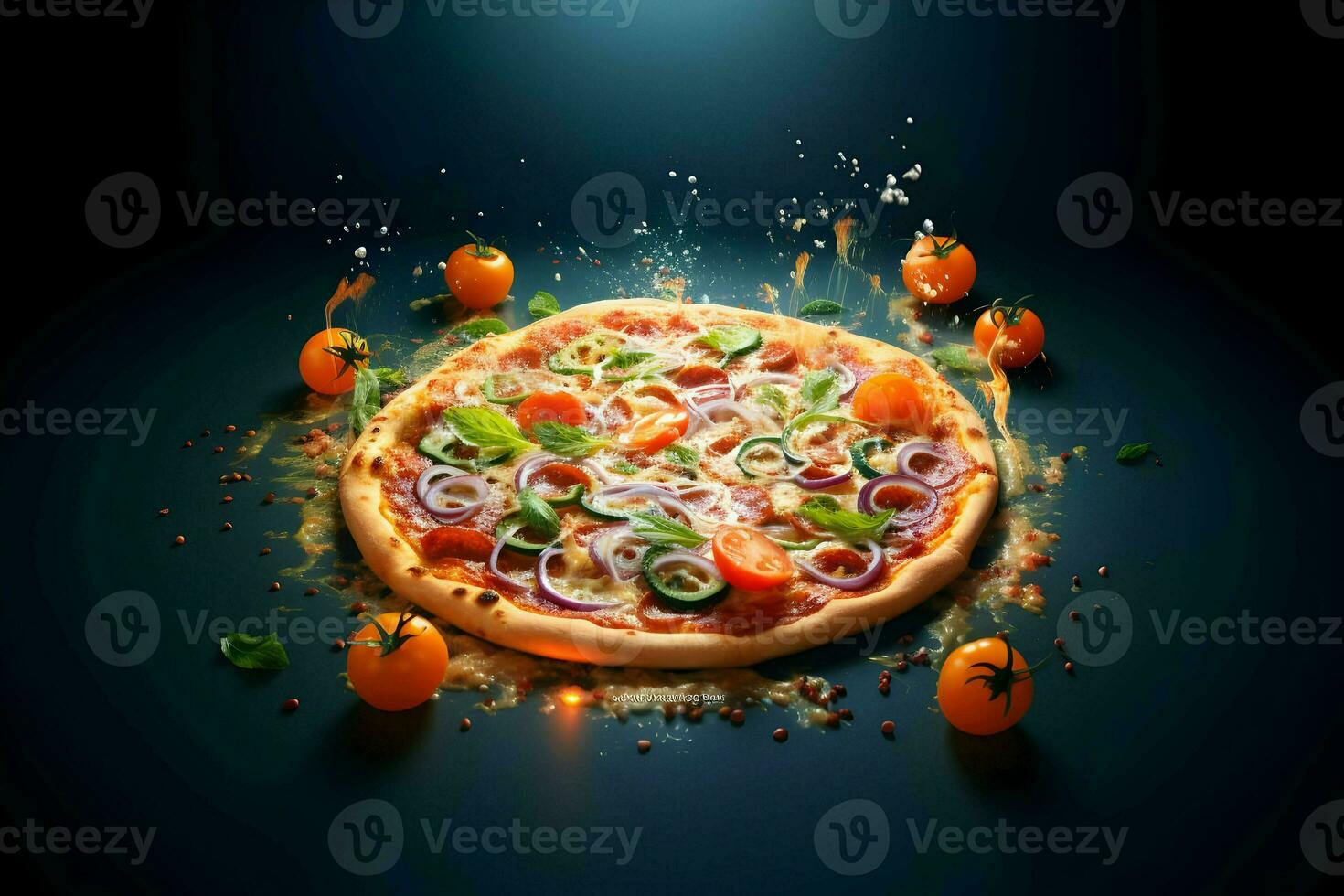 Photo of pizza with tomato minimalism. High quality. AI Generative