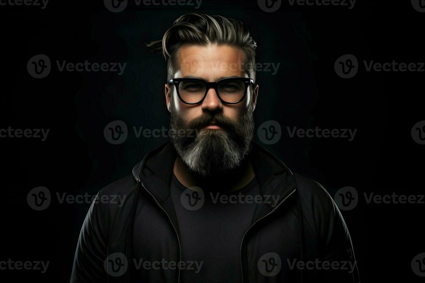 Photo of man with beard on dark background minimalism. High quality. AI Generative