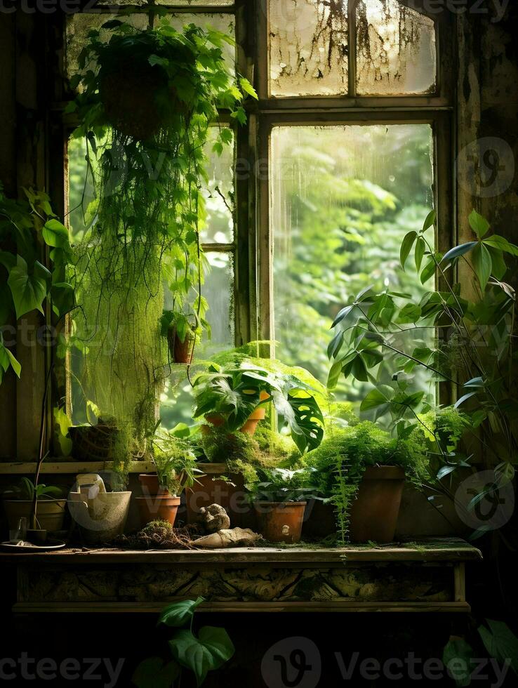 Old window with plants. High-resolution. AI Generative photo