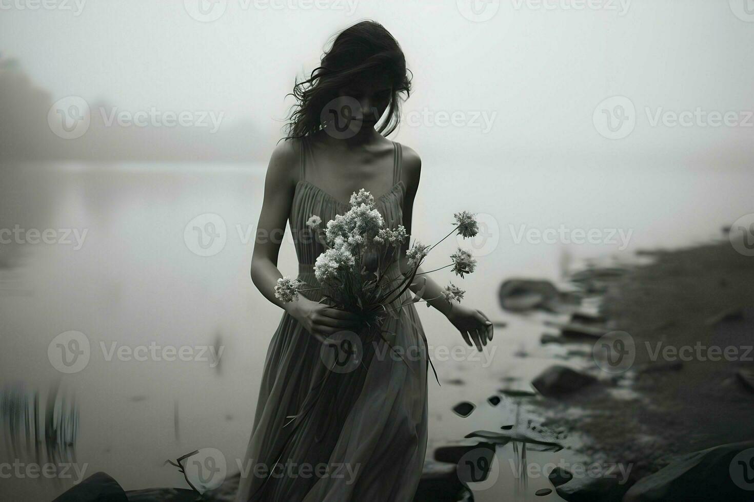 A beautiful black and white portrait of a woman in a dress with a flower bunch. High-resolution. AI Generative photo