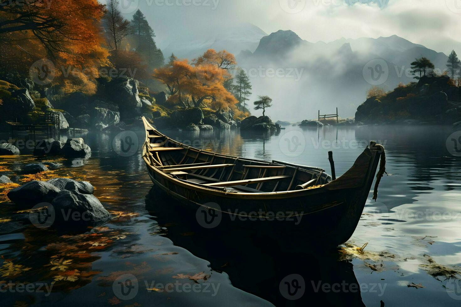 Close-up cinematic shot of the boat in the lake. High quality. AI Generative photo