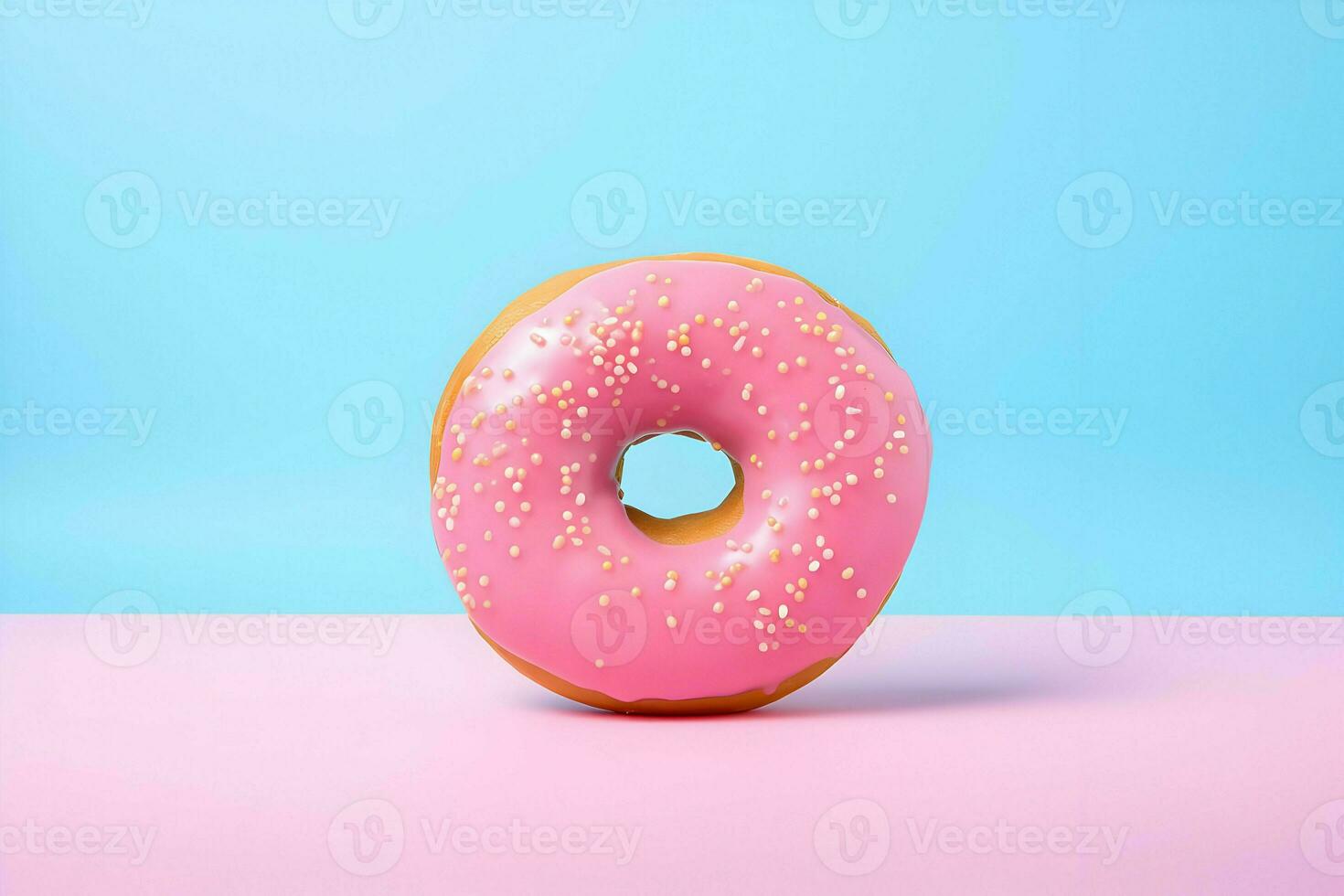 Photo of donat on blue background minimalism. High-resolution. AI Generative
