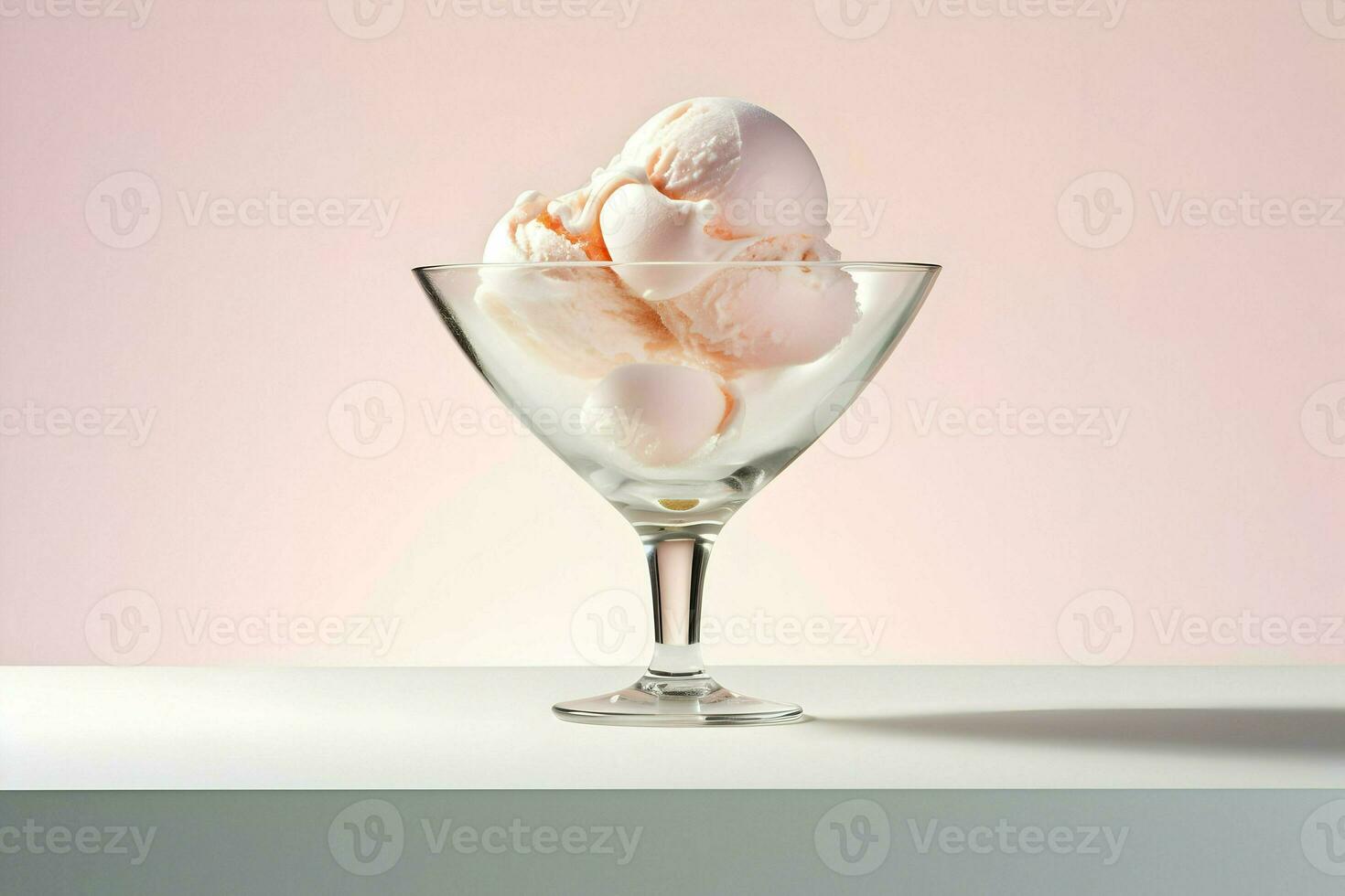 Ice cream in a glass bowl on the table in minimalism style in pink colors. High-resolution. AI Generative photo