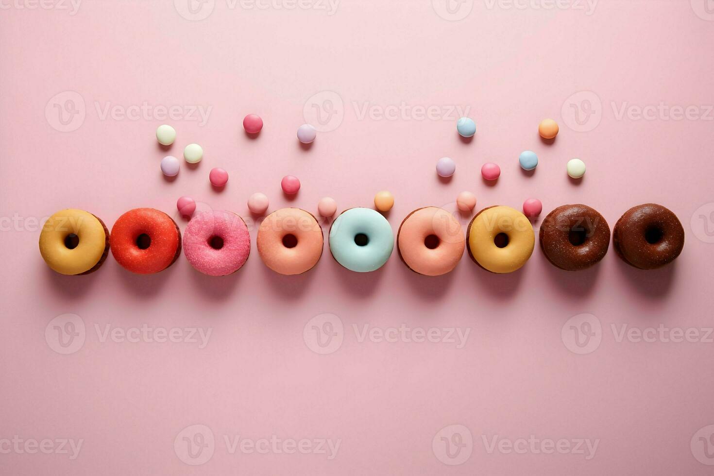 Photo of donats lined up in a row on pink background minimalism. High quality. AI Generative