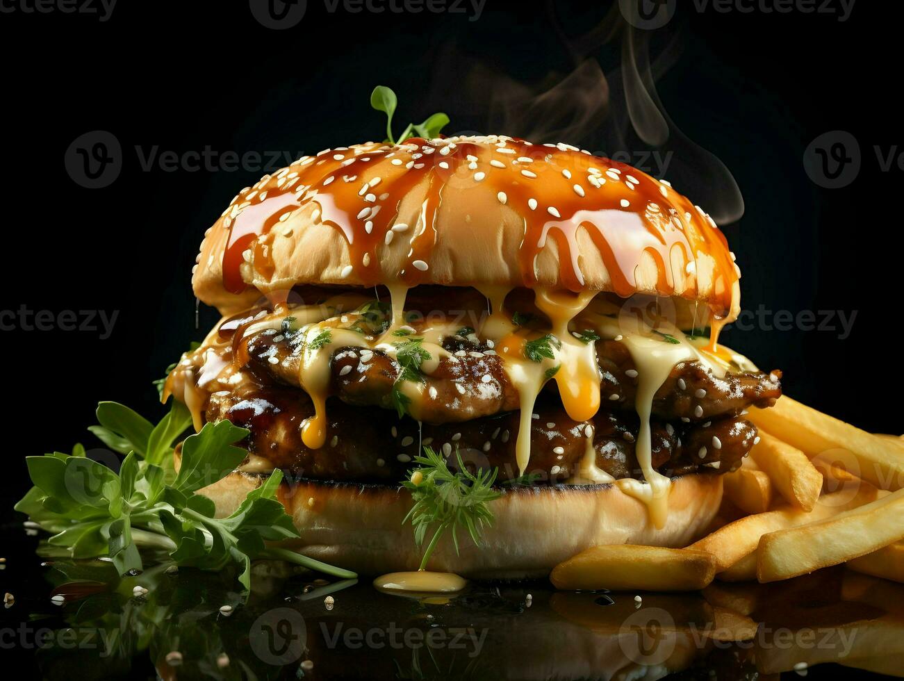 Chicken burger with cheddar served with french fries. High quality. AI Generative photo