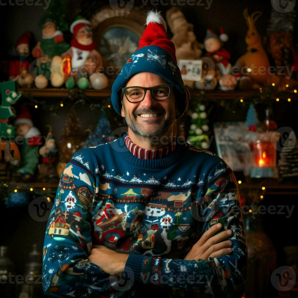 National Ugly Christmas Sweater Day happy man. High quality. AI Generative photo