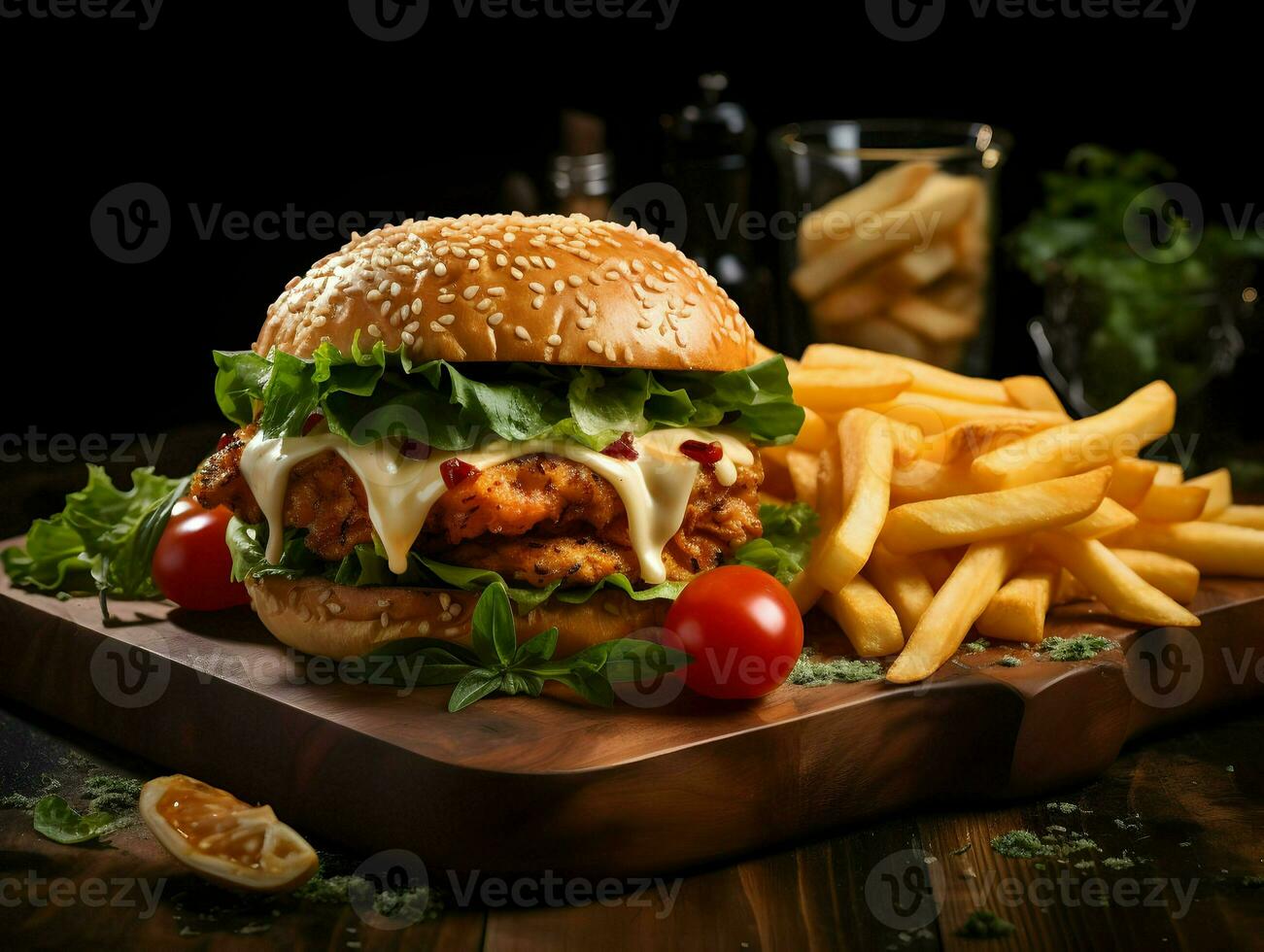 Chicken burger with cheddar served with french fries. High-resolution. AI Generative photo