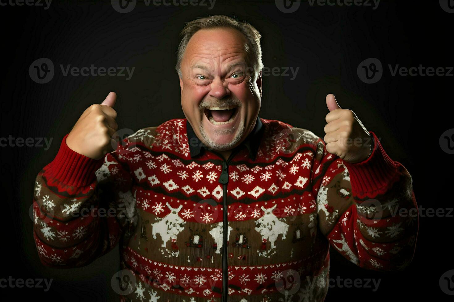 National Ugly Christmas Sweater Day happy man on red background. High-resolution. AI Generative photo