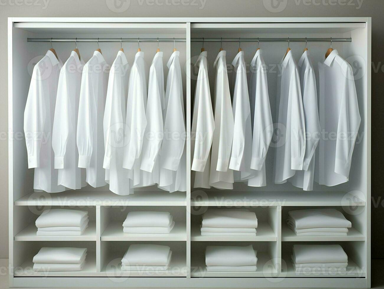 Close-up cinematic shot of the open white minimalistic wardrobe. High quality. AI Generative photo