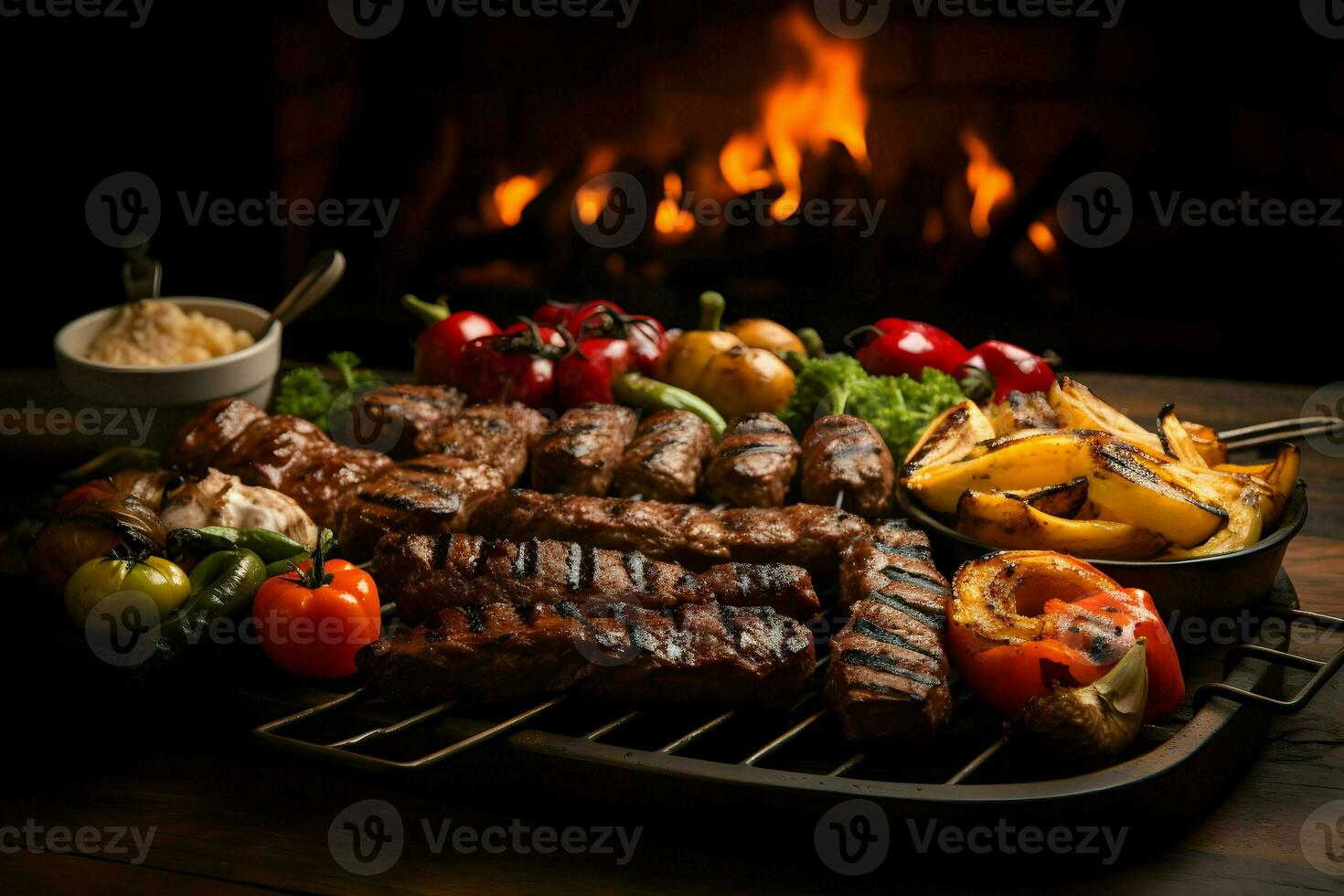 Side view of a grill with a variety of meats on it. High quality. AI Generative photo