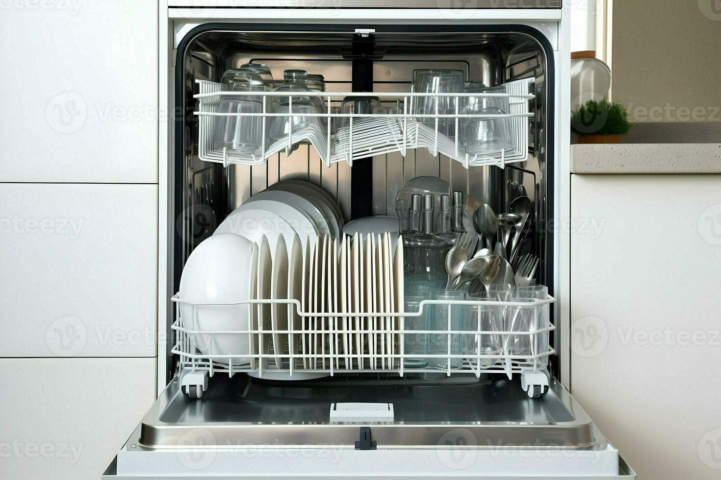 Front view of a open dishwasher with clean dishes inside. High-resolution. AI Generative photo