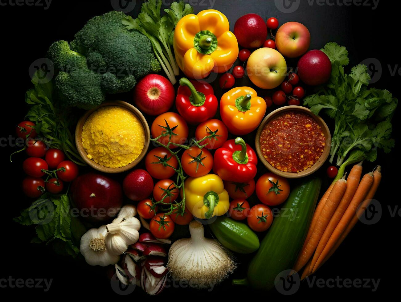 Top view fruits and vegetables bell peppers apples carrot coriander cauliflower persimmon radish cherry tomatoes. High-resolution. AI Generative photo