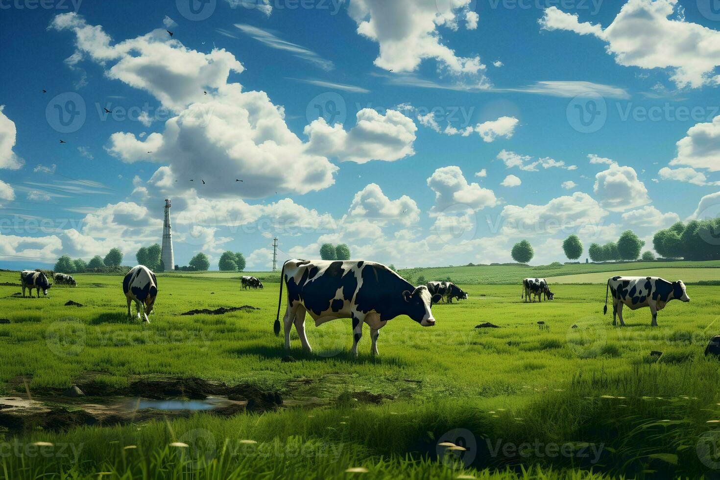 Cows grazing in the fields. High quality. AI Generative photo