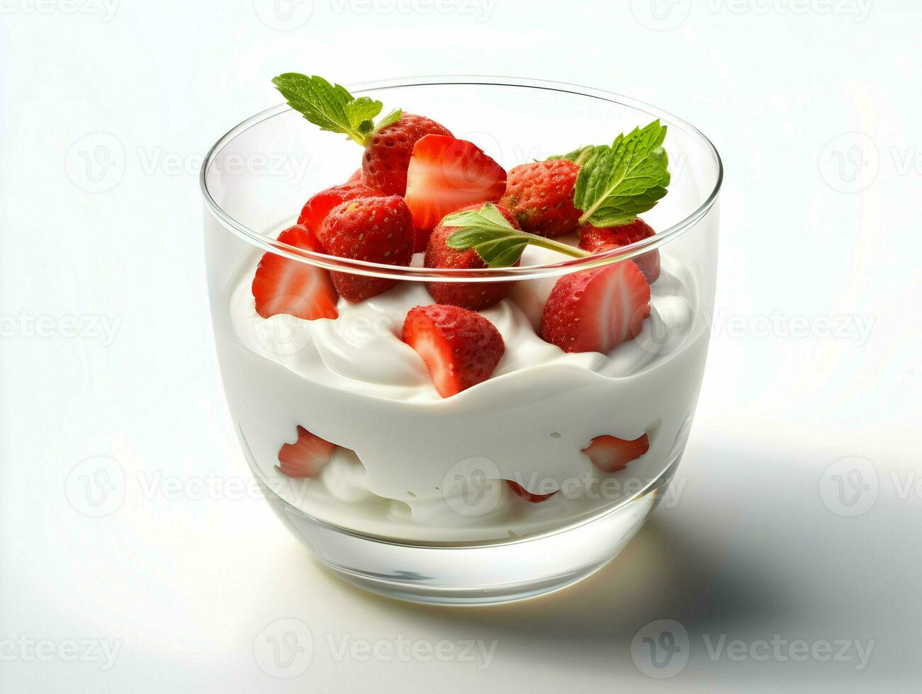 Isolated view of yogurt with ice in a glass bowl. High-resolution. AI Generative photo
