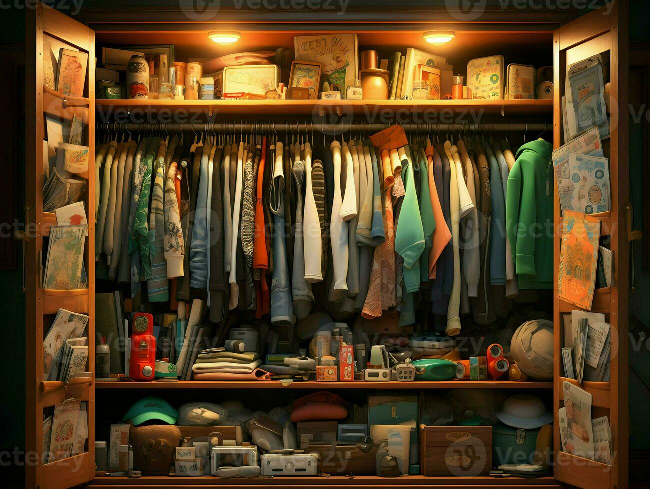 Close-up cinematic shot of the open wardrobe. High quality. AI Generative photo